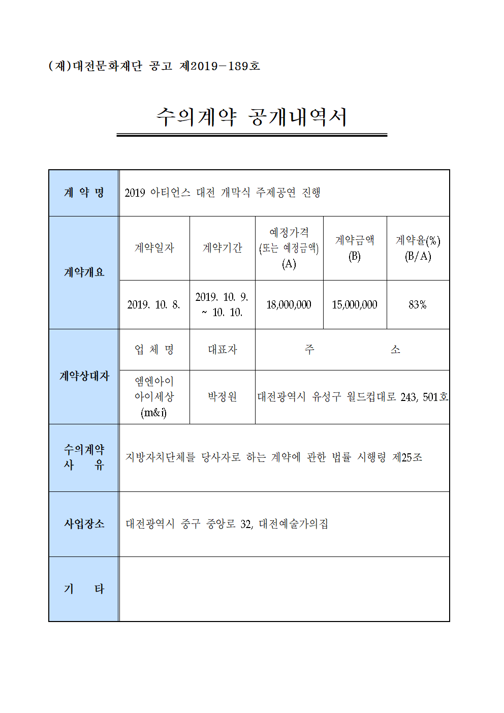2019 아티언스 대전 개막식 주제공연 진행 용역 수의계약 내역 공개