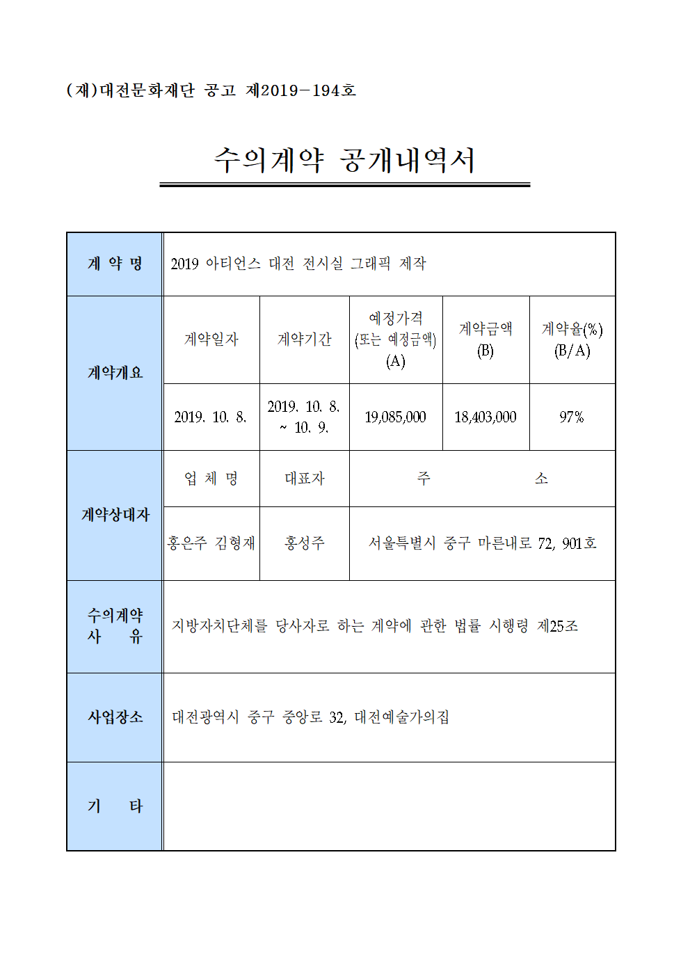 2019 아티언스 대전 전시실 그래픽 제작 용역 수의계약 내역 공개