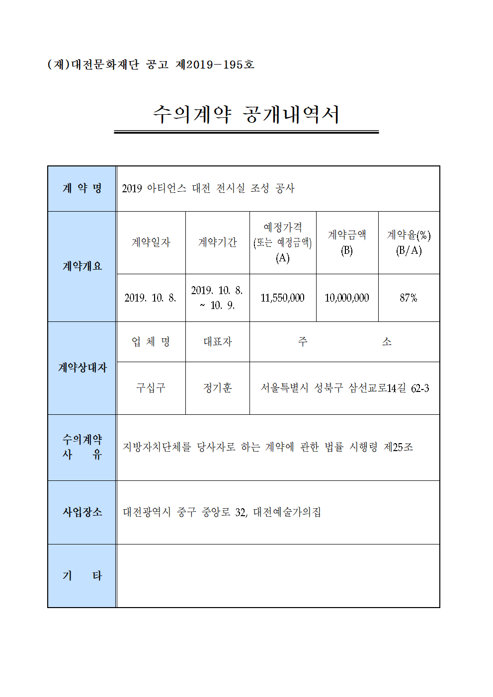 2019 아티언스 대전 전시실 조성 공사 용역 수의계약 내역 공개