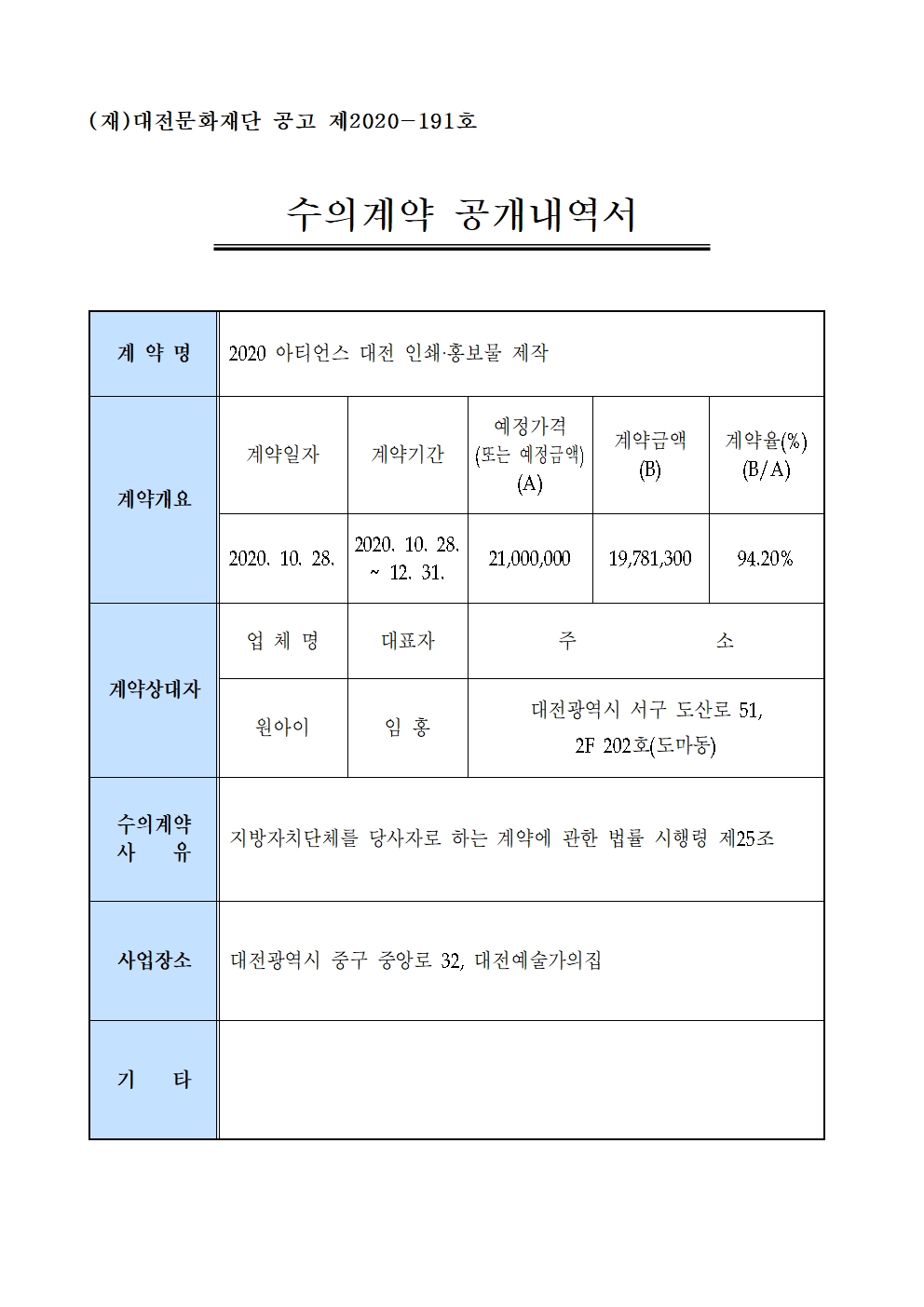 2020 아티언스 대전 인쇄홍보물 제작 수의계약 내역 공개